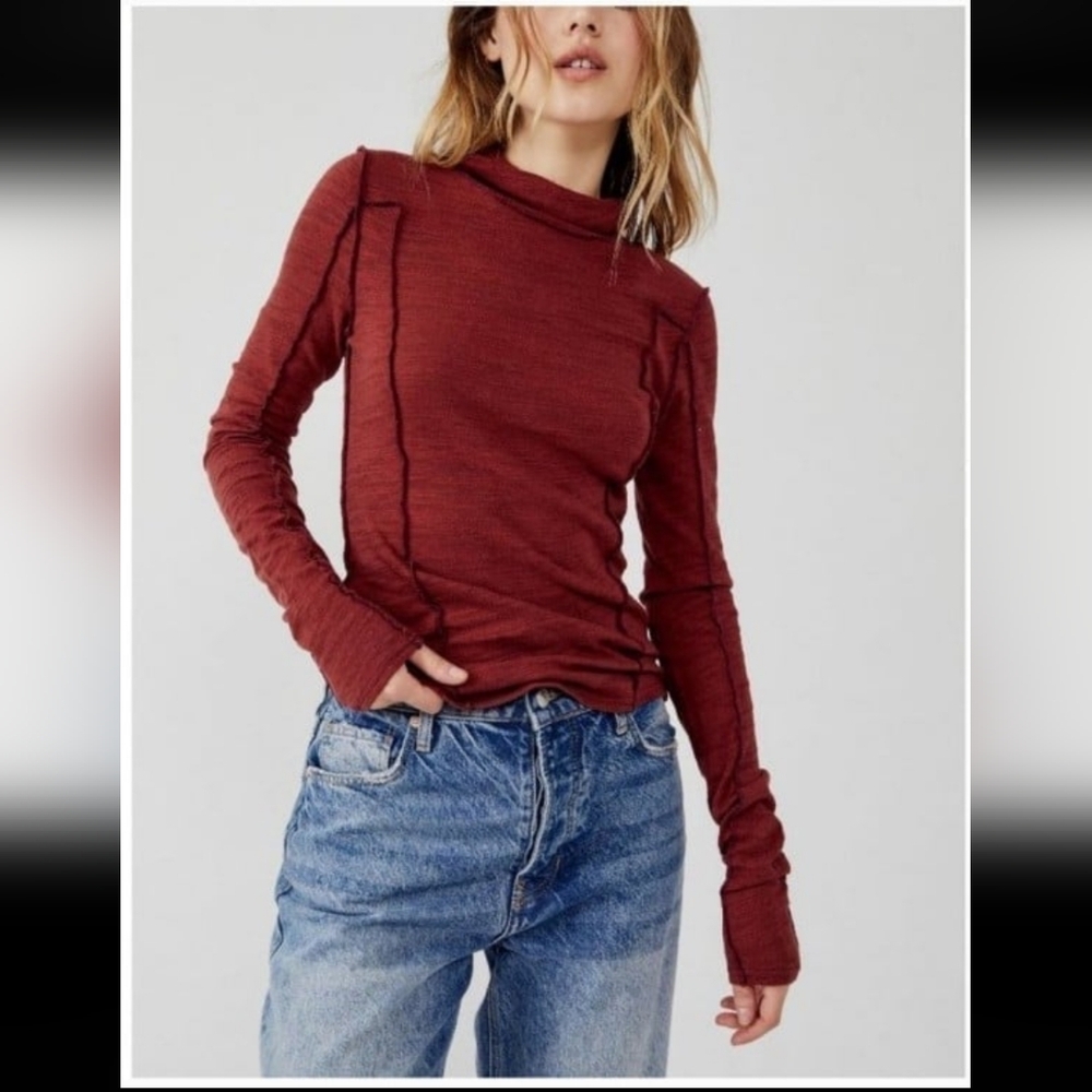 Free People We The Free Womens Long Sleeve Turtleneck Sweater Red/Brown Size XS
